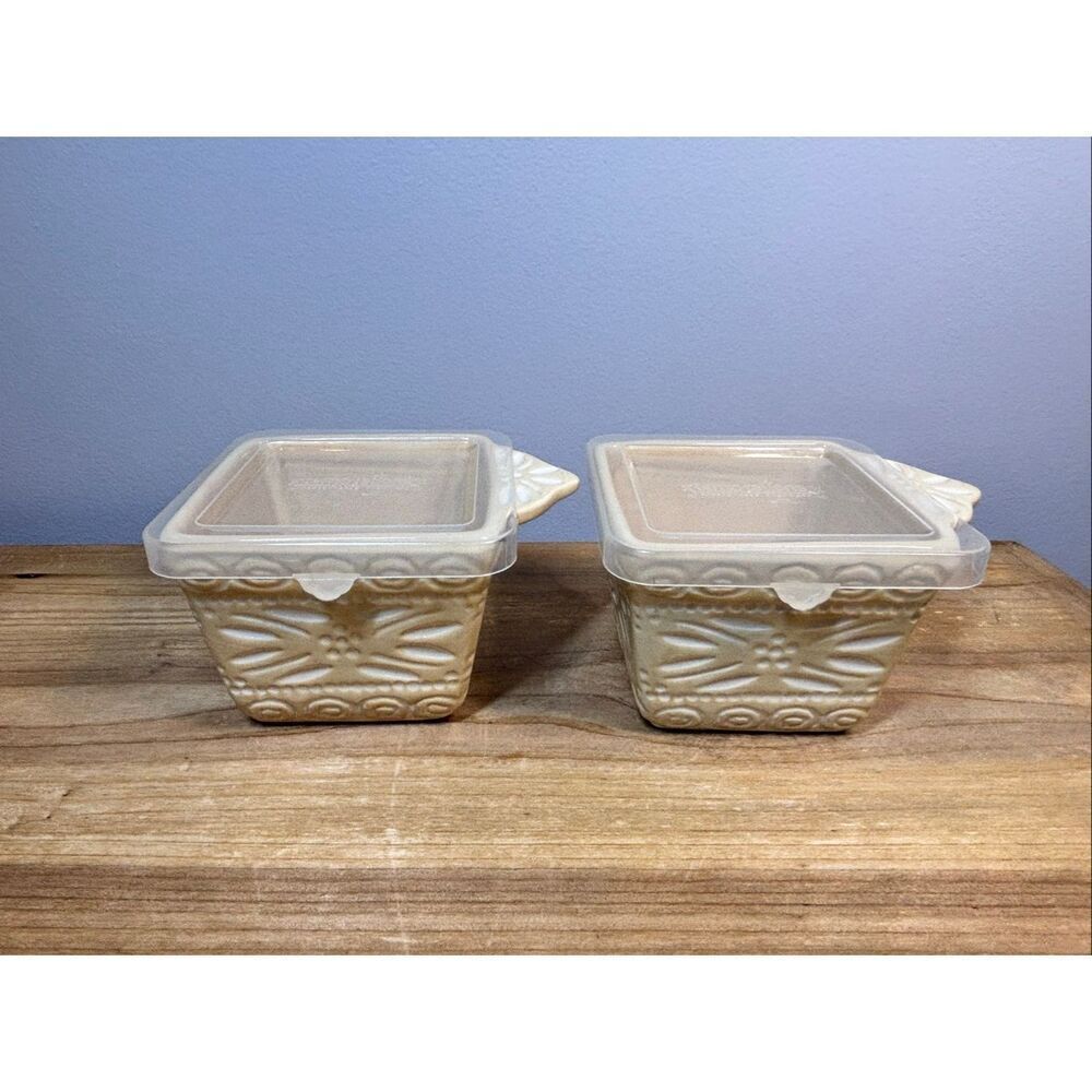 Temp-tations Carved Old World small 10oz ceramic baking dish with lid set of 2